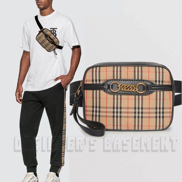 BURBERRY black leather LINK 1983 beige canvas Equestrian Knight Check Belt Bag - Picture 1 of 11